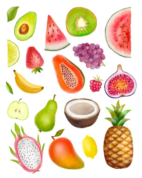 Acquerello Dipinto Insieme Frutta Elementi Design Cibo Fresco Disegnati Mano — Foto Stock