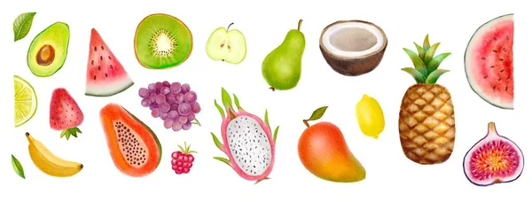 Akwarela Malowana Zestaw Owoców Ręcznie Rysowane Świeże Elementy Konstrukcyjne Żywności — Zdjęcie stockowe