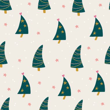 Noel ağaçlarıyla kusursuz desen. Tatil, modern boho geçmişi. Vektör illüstrasyonu