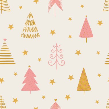 Noel ağaçlarıyla kusursuz desen. Tatil, modern boho geçmişi. Vektör illüstrasyonu