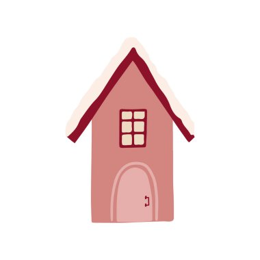 Winter cute cozy house. Sweet doodle pink home isolated on white background. Vector illustration