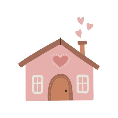 Winter cute cozy house. Sweet doodle pink home isolated on white background. Vector illustration