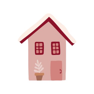 Winter cute cozy house. Sweet doodle pink home isolated on white background. Vector illustration