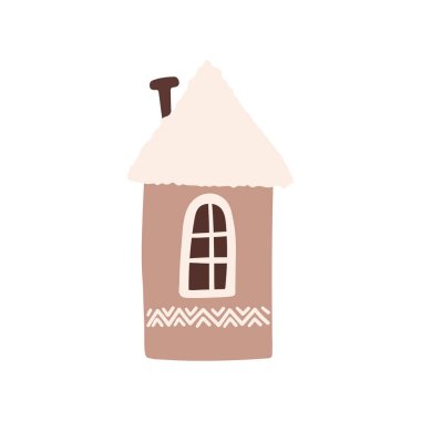 Winter cute cozy house. Sweet doodle pink home isolated on white background. Vector illustration