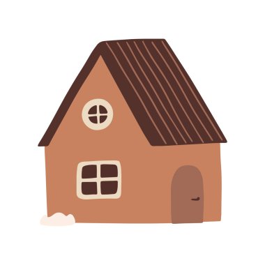 Winter cute cozy house. Sweet doodle pink home isolated on white background. Vector illustration