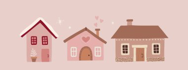 Cute Christmas Houses with decor. New Year and Christmas attribute vector flat illustration. Traditional winter holidays.