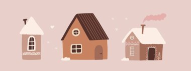 Kışlık şirin evler. Beyaz arka planda izole edilmiş güzel karalama evleri. Vektör illüstrasyonu