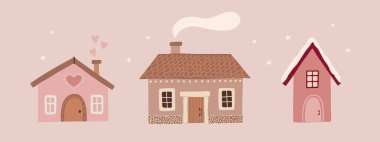 Winter cute cozy houses. Sweet doodle pink home isolated on white background. Vector illustration