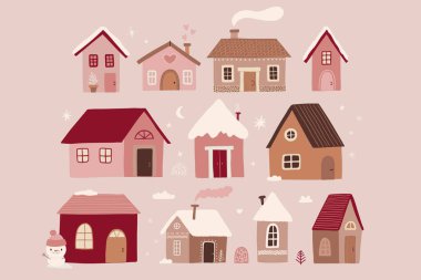 Cute Christmas houses. Winter village. Decorated Houses town. Seasons Greetings. Vector