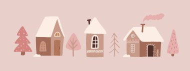 Cute Christmas Houses with decor. New Year and Christmas attribute vector flat illustration. Traditional winter holidays.