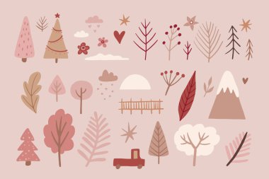 Dağları ve arabaları olan sevimli kış ağaçları, izole edilmiş bir illüstrasyon vektörü, yeni yıl ve doğanın yeni yıl unsurları bir manzara yaratmak için..