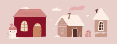 Cute Christmas houses with decor. New Year and Christmas attribute vector flat illustration. Traditional winter holidays.