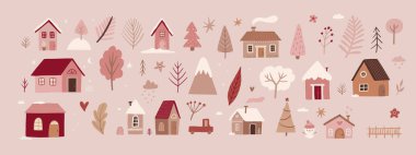 A set of isolated decorated houses for New Year and Christmas. Cute buildings with bushes and trees. Holiday and celebration, winter architecture. Vector illustration