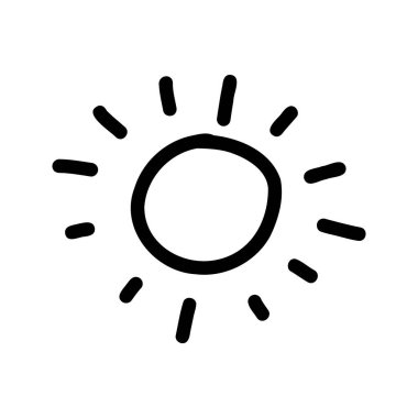 Güzel bir çizgi film çizimi. Tatlı vektör siyah beyaz güneş çizimi. İzole edilmiş tek renkli karalama güneşi beyaz arkaplana çiziyor.