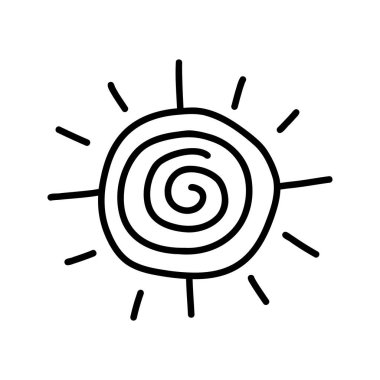 Güzel bir çizgi film çizimi. Tatlı vektör siyah beyaz güneş çizimi. İzole edilmiş tek renkli karalama güneşi beyaz arkaplana çiziyor.