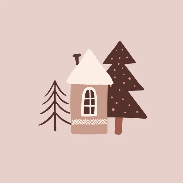 Печать Рождественских Открыток Милыми Нарисованными Вручную Зимними Деревьями Домом Снегом — стоковый вектор