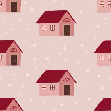 Cute winter pattern with houses, childish boho background. Vector illustration