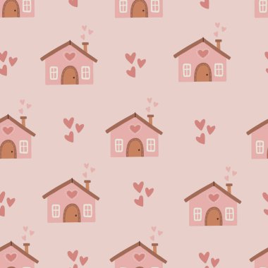 Şirin, çocuksu, pürüzsüz, pembe kupa dumanlı pembe bir evi var. Duvar resimleri, kartlar, posterler ve kumaşlar için çocuk odası sanatı. Evim güzel evim. 