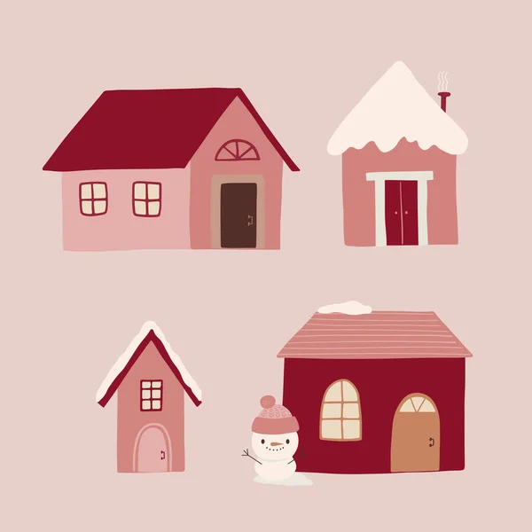 Cute Christmas Houses Decor New Year Christmas Attribute Vector Flat — Vetor de Stock