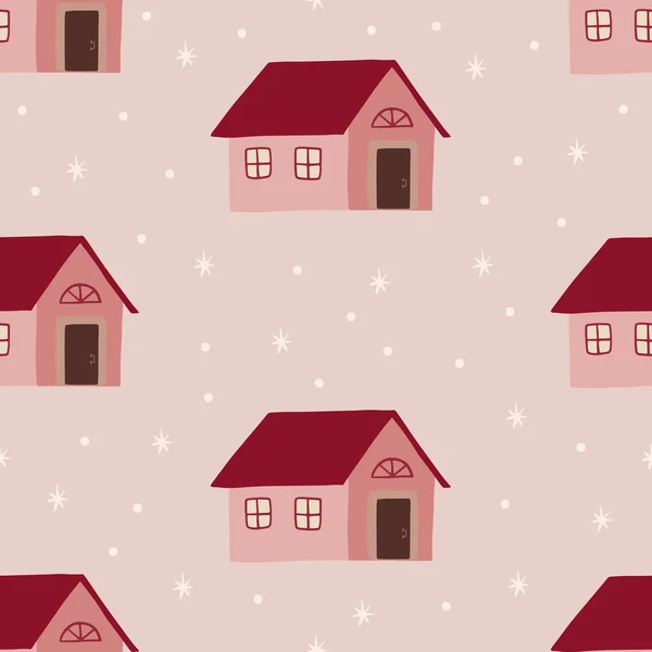 Schattig Winter Patroon Met Huizen Kinderlijke Boho Achtergrond Vectorillustratie — Stockvector