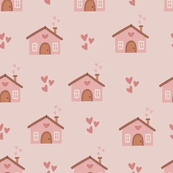 可爱的婴儿风格无缝图案与可爱的粉红色房子与粉红色的心脏烟雾 用于墙面艺术 海报和面料的苗圃艺术 甜蜜的家 — 图库矢量图片
