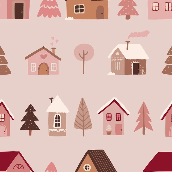 圣诞树 雪花和粉红背景房屋的圣诞无缝图案 斯堪的纳维亚风格 完美的寒假 圣诞壁纸 包装纸和面料 矢量说明 — 图库矢量图片