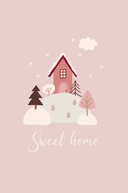 Print for Christmas cards with cute hand drawn winter trees, house, and snow. Vector illustration