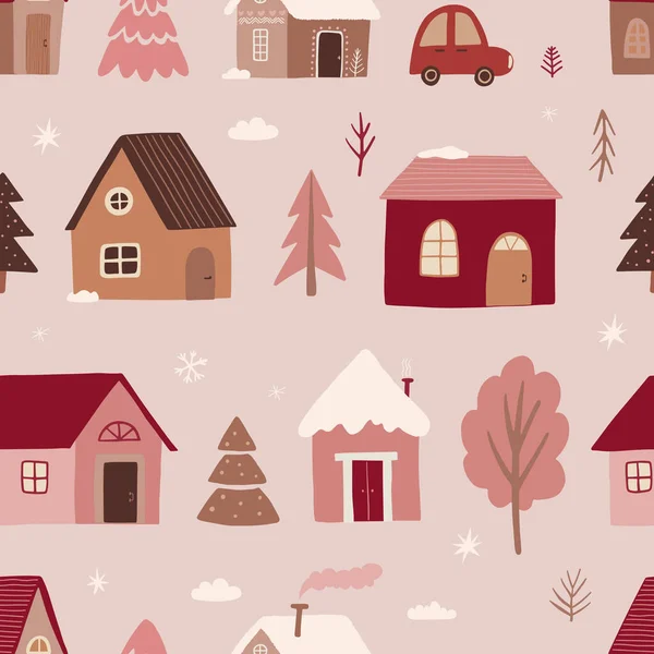 Maisons Hiver Pour Noël Voiture Rétro Avec Sapin Tissus Décor — Image vectorielle