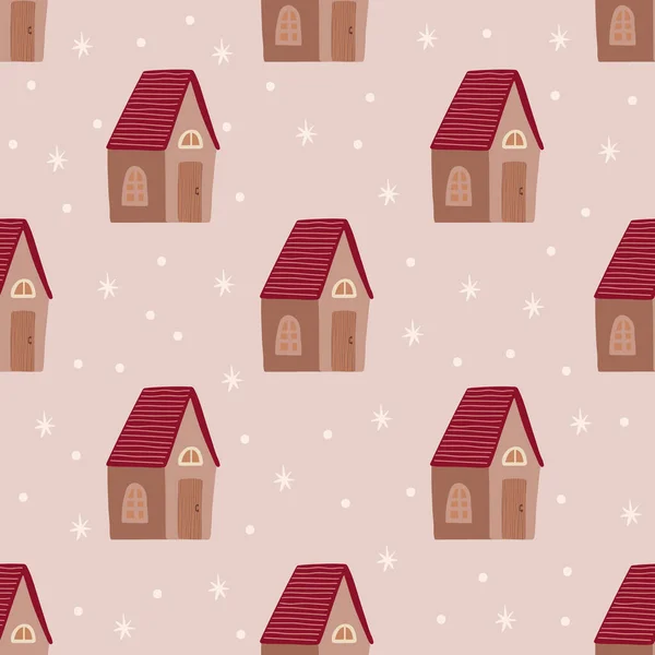 Winter Nahtlose Muster Von Niedlichen Häusern Moderne Boho Einfache Flache — Stockvektor
