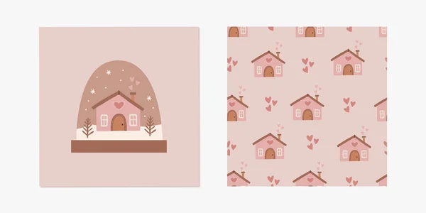 一套手工圣诞贺卡和冬季无缝图案的丑闻式风格 可爱的丑闻鸟房子和圣诞树 冬季病媒图解 — 图库矢量图片