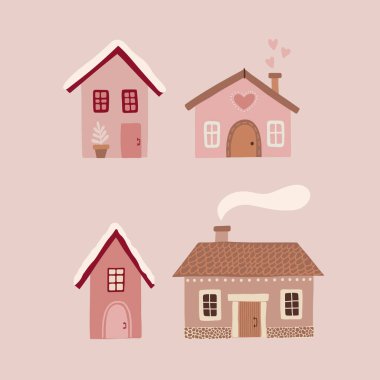 Cute Christmas houses with decor. New Year and Christmas attribute vector flat illustration. Traditional winter holidays.