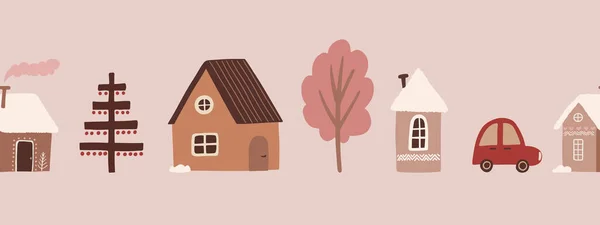 Cute Houses Trees Seamless Border Boho Hand Drawn Art Vector — 图库矢量图片