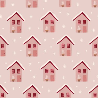 Cute winter pattern with houses, childish boho background. Vector illustration