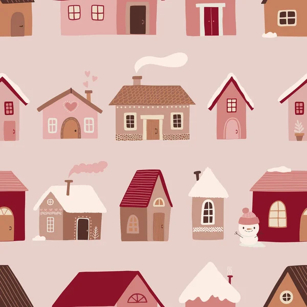 可爱房子的冬季无缝图案 现代Boho简单平面矢量图解 — 图库矢量图片