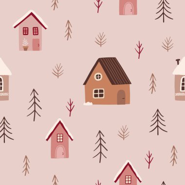 Christmas seamless pattern with fir trees, snowflakes, and houses on pink background. Scandinavian style. Perfect for winter holidays, Xmas wallpaper, wrapping paper, and fabric. Vector illustration. 