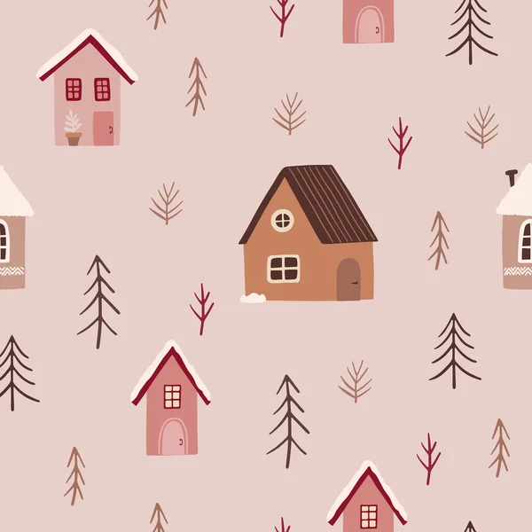 Christmas Seamless Pattern Fir Trees Snowflakes Houses Pink Background Scandinavian — стоковый вектор