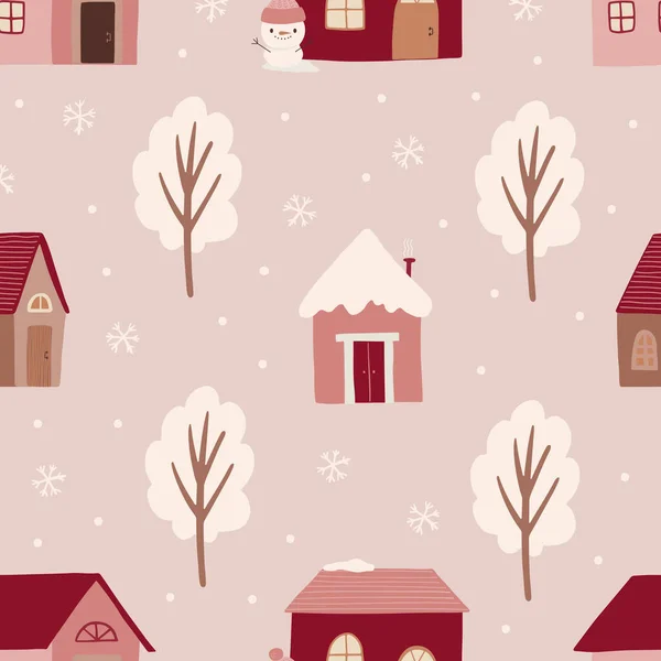 Weihnachten Nahtloses Muster Mit Tannenbäumen Schneeflocken Und Häusern Auf Rosa — Stockvektor