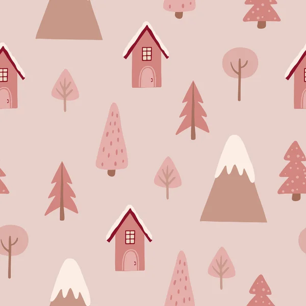 无缝隙的圣诞图案与粉红的彩绘圣诞树 房子和山 — 图库矢量图片