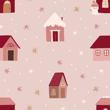 Cute winter pattern with houses, childish boho background. Vector illustration