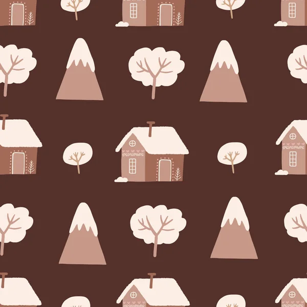 无缝隙的可爱圣诞图案 有树木 房屋和深褐色背景的高山 — 图库矢量图片