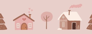 Cute houses and trees seamless border. Boho hand drawn art. Vector illustration
