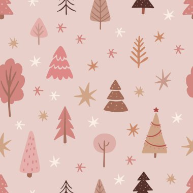 Pembe pastel Noel ağaçları, yıldız ve altın parıltısıyla kusursuz bir Noel deseni. Boho 