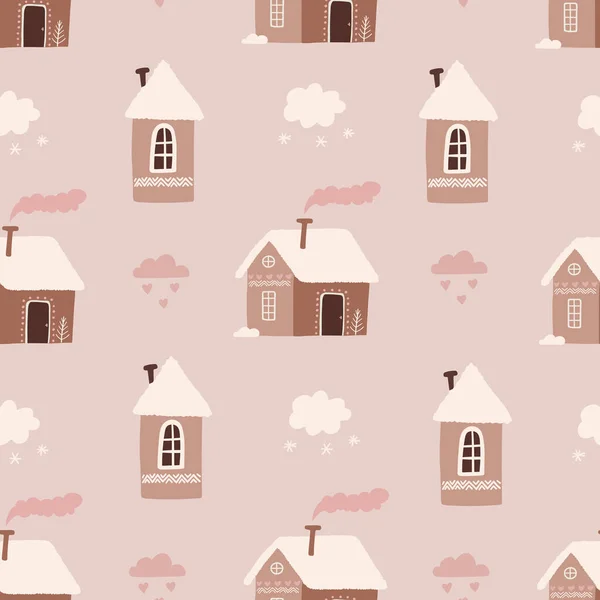 Padrão Sem Costura Inverno Casas Bonitos Boho Moderno Simples Ilustração — Vetor de Stock
