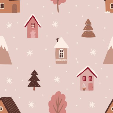 Christmas seamless pattern with fir trees, snowflakes, and houses on pink background. Scandinavian style. Perfect for winter holidays, Xmas wallpaper, wrapping paper, and fabric. Vector illustration. 
