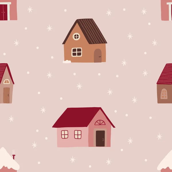 Padrão Sem Costura Inverno Casas Bonitos Boho Moderno Simples Ilustração — Vetor de Stock