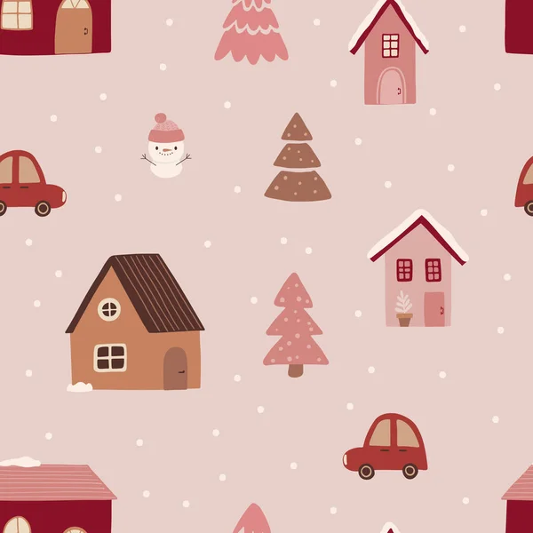 Case Invernali Natale Auto Retrò Con Abete Tessuti Decorazioni Natalizie — Vettoriale Stock