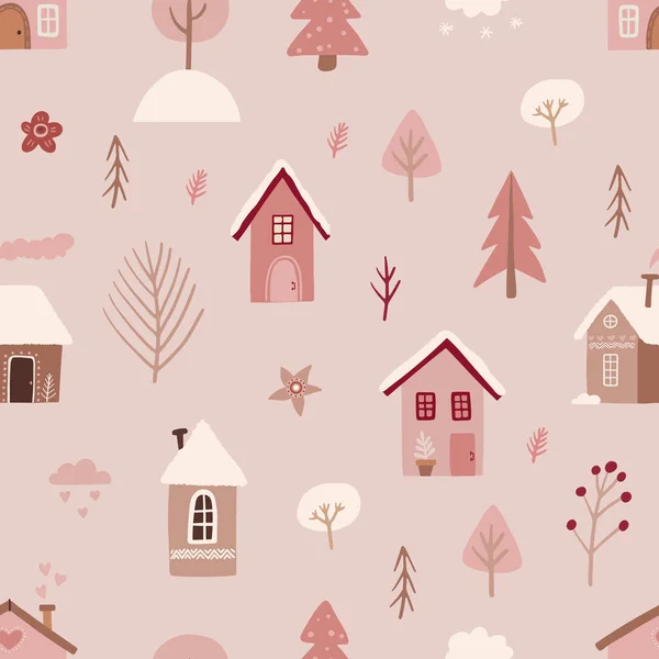 无缝隙的圣诞图案与粉红的圣诞彩绘树 — 图库矢量图片