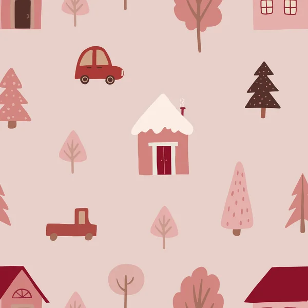 圣诞节的冬季住房和带有冷杉树的复古汽车 圣诞面料和装饰 无缝图案 — 图库矢量图片