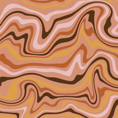 1970 Wavy kıvrımlı arka plan deseni pembe ve kahverengi renklerde. El çizimi vektör çizimi. 70 'ler tarzı, modaya uygun arka plan, duvar kağıdı, baskı. Düz tasarım, hippi estetiği. Vektör illüstrasyonu