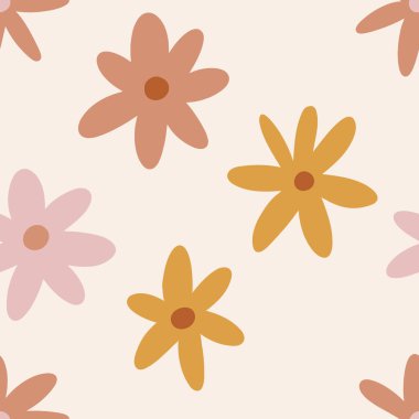 1970 Papatya Çiçekleri Pastel palette kusursuz desen. El Çizimi Vektör İllüstrasyonu. Doodle Style, Şahane Arkaplan, Duvar Kağıdı, Tişört. Hippi estetiği. Çocuklar için Boho arka plan tasarımı.